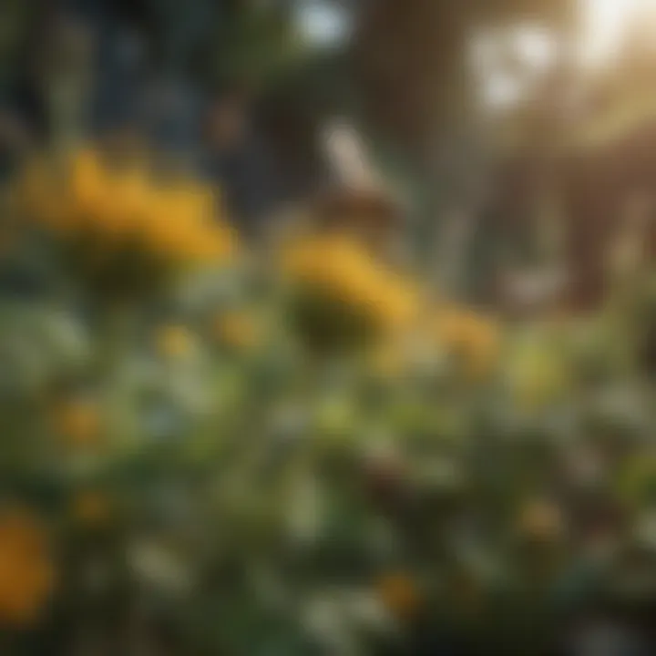 A serene garden environment with bees pollinating various plants, emphasizing their ecological role.