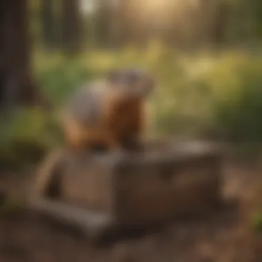 Properly set woodchuck trap in a natural outdoor setting.