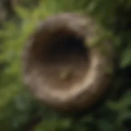 A close-up view of a wasp nest hidden in foliage