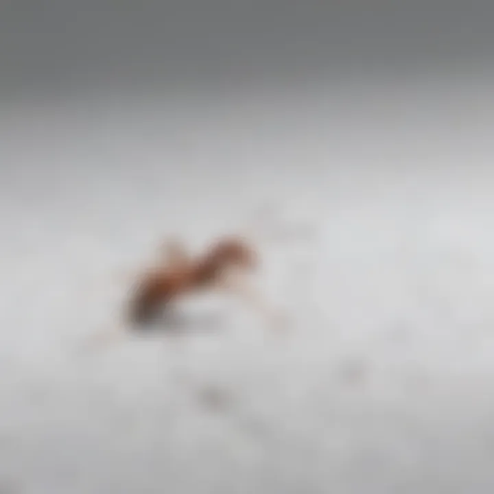 Single ant standing out against a white ceiling backdrop