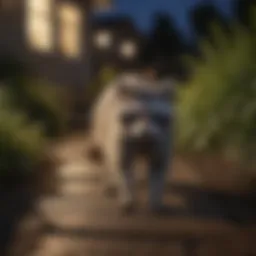 A raccoon navigating through a suburban backyard at night.