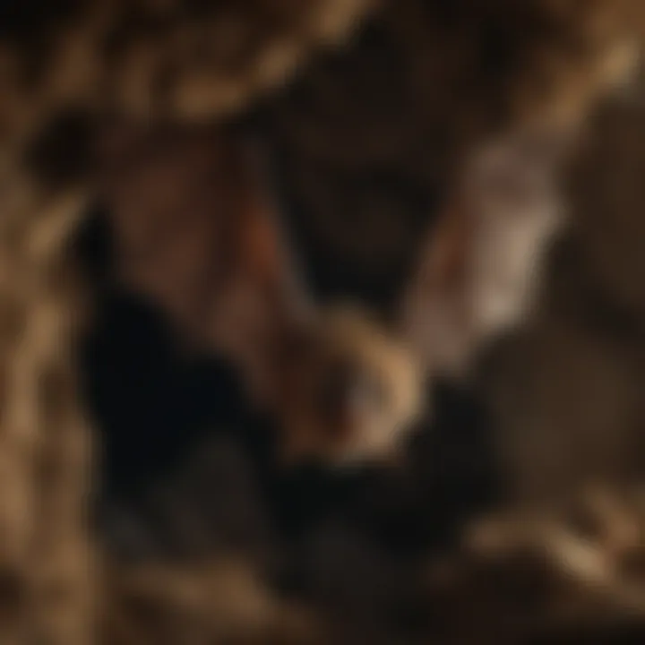 Bat hanging upside down in a dimly lit cave