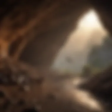 Bats flying out of a cave at dusk