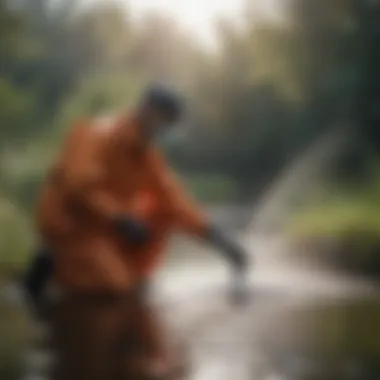 Applying Chemical Treatments A close-up of a chemical treatment being applied in a standing water area.
