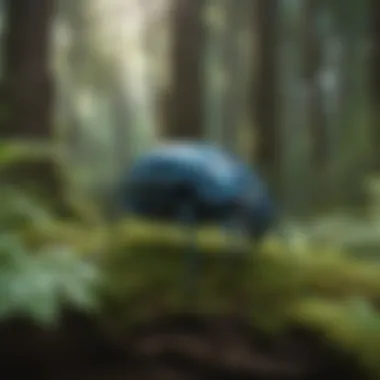 Big Blue Bug amidst a lush green forest backdrop