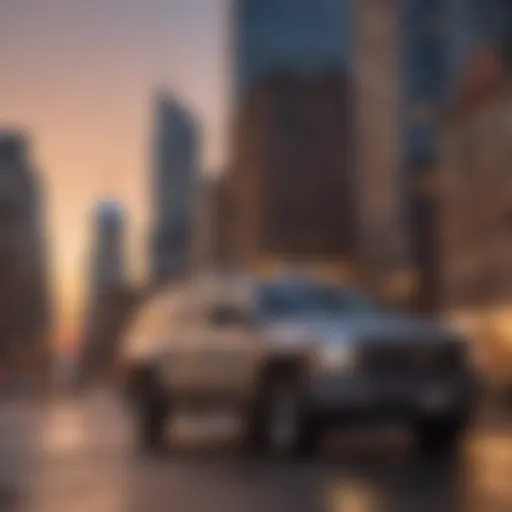 Buffalo, NY skyline at dusk with exterminator truck in foreground