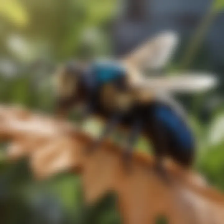 Carpenter bee resting on a leaf in a city garden
