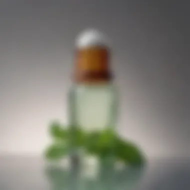 Pure Peppermint Essential Oil Close-up of peppermint essential oil in a glass bottle