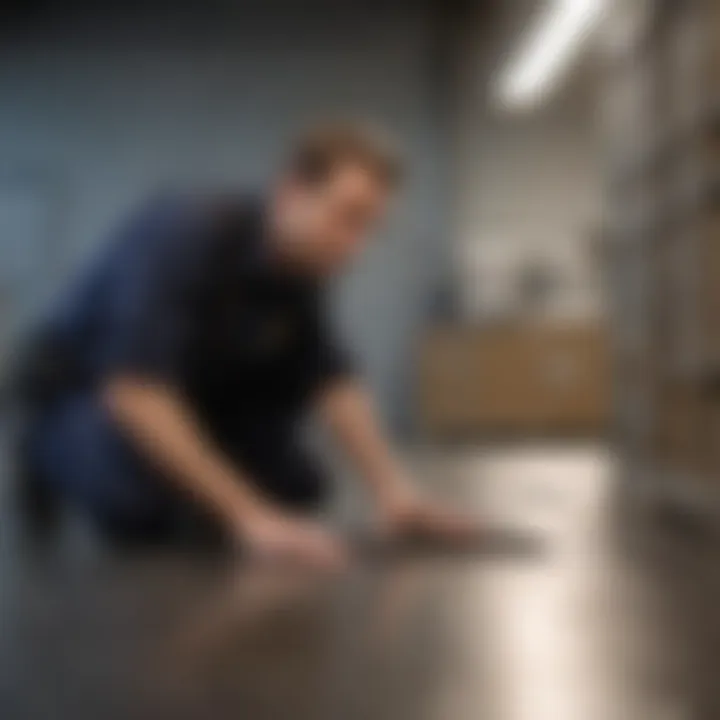 Professional inspecting a large glue trap in a commercial setting