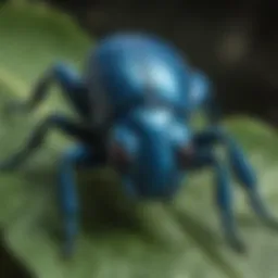 Close-up of a blue beetle on a leaf showcasing its distinct coloration and features