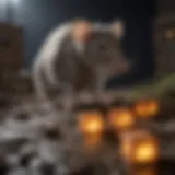 An illustration of a rat approaching a bait block in a dimly lit area