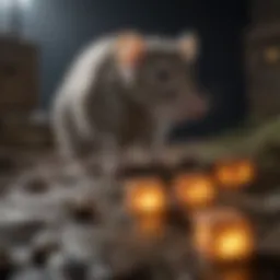 An illustration of a rat approaching a bait block in a dimly lit area