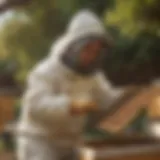 Beekeeper in protective gear inspecting beehive