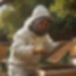 Beekeeper in protective gear inspecting beehive