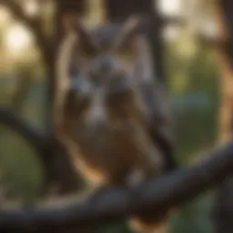 Owl perched on tree branch at dusk