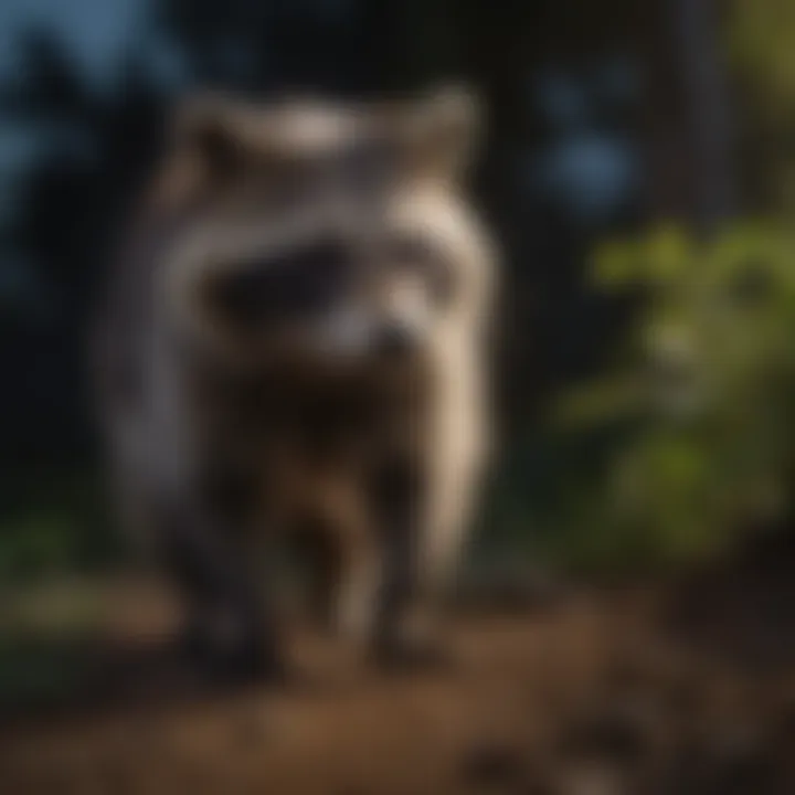 Raccoon cautiously inspecting surroundings at night