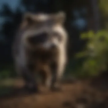 Nocturnal Raccoon Surveillance Raccoon cautiously inspecting surroundings at night