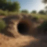 Gopher burrow entrance covered with mesh