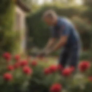 Applying Eco-Friendly Pest Treatment A gardener applying eco-friendly treatment to roses in a backyard.