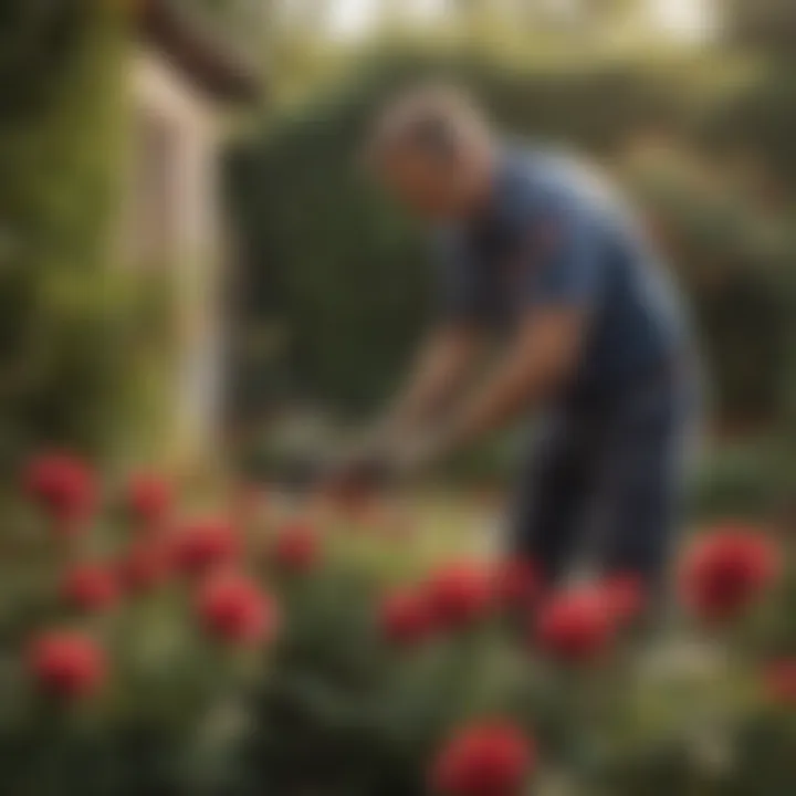 Applying Eco-Friendly Pest Treatment A gardener applying eco-friendly treatment to roses in a backyard.