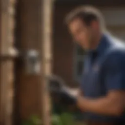 Pest control technician examining a property