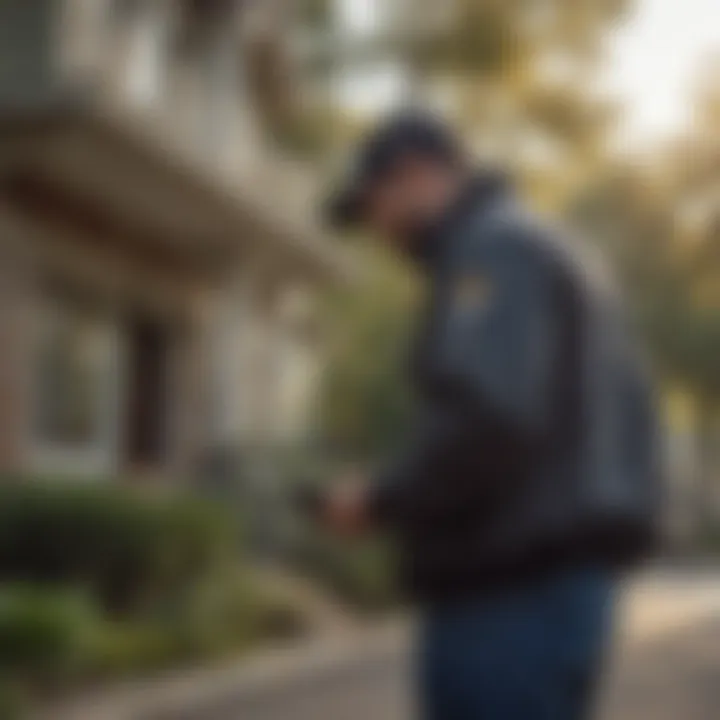 Pest control technician conducting an inspection in a residential area