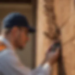 A close-up of a technician inspecting a residential property for pests