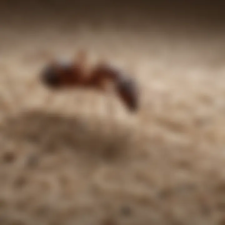 Close-up of ant communication behavior in carpet fibers
