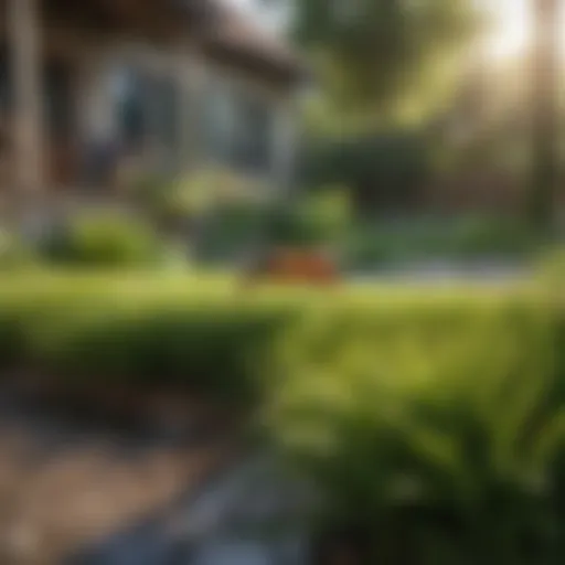 A serene backyard setting showcasing a well-maintained lawn with natural mosquito deterrents like citronella plants and standing water removal.