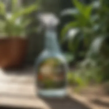 Eco-Friendly Repellent for Yard Protection Close-up of a spray bottle filled with an eco-friendly mosquito repellent, resting on a wooden table surrounded by gardening tools.