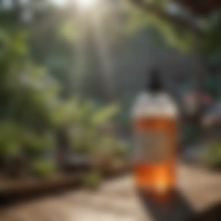 A well-organized outdoor workspace with various natural ingredients laid out for creating a homemade mosquito spray.