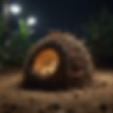 Ant Nest Activity at Night An ant nest illuminated at night, showcasing activity around the entrance.