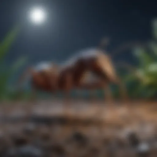 A close-up view of nocturnal ants foraging under moonlight.