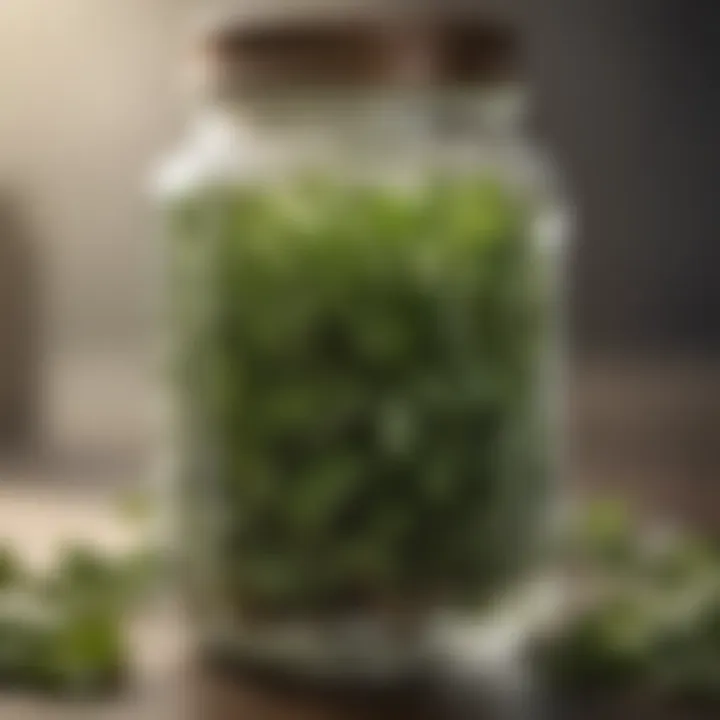 Close-up of dried spearmint leaves in a glass jar