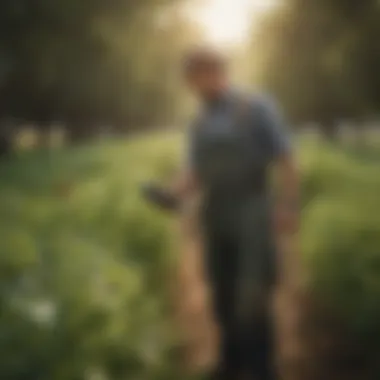 A farmer examining crops with eco-friendly pest management techniques in action.