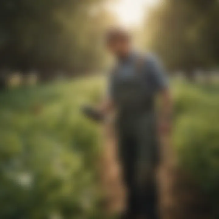 A farmer examining crops with eco-friendly pest management techniques in action.