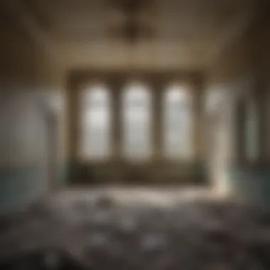 Haunting Decay Eerie interior of a derelict asylum with peeling paint and broken windows