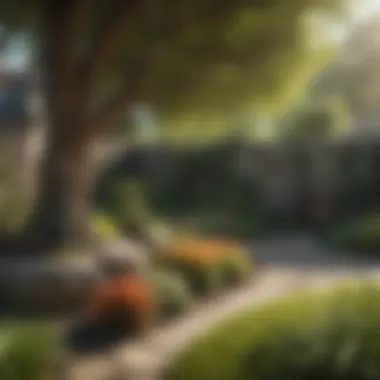 A serene backyard with bird deterrents installed, showcasing a peaceful environment.