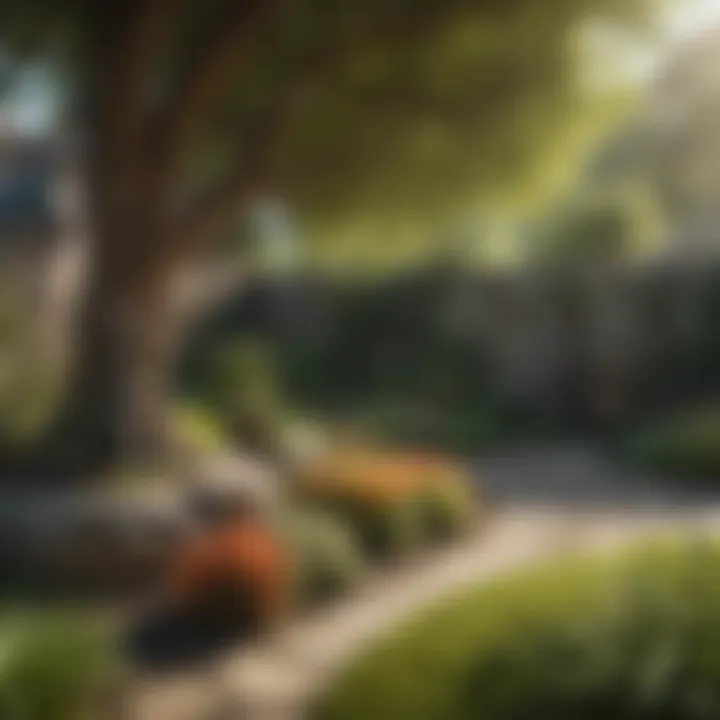 A serene backyard with bird deterrents installed, showcasing a peaceful environment.