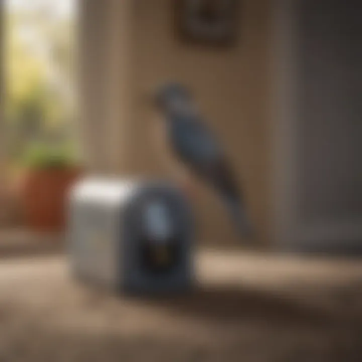 Close-up of a modern ultrasonic bird deterrent device in a residential setting.