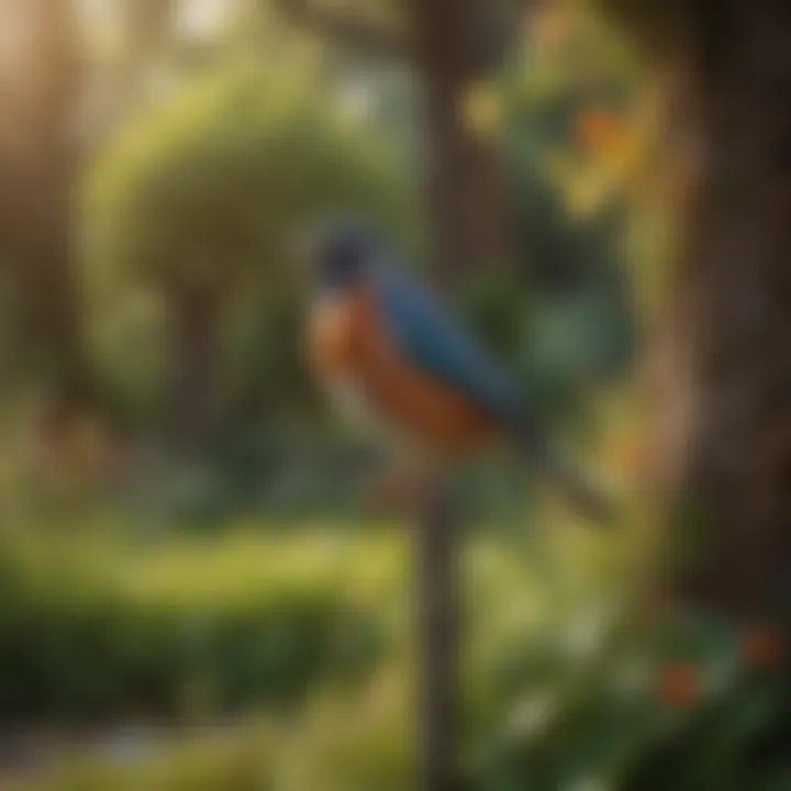 A tranquil garden with visual bird deterrents integrated into the landscape.