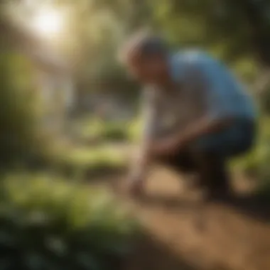 Preventive Measures in the Garden Homeowner inspecting a garden for stink bugs