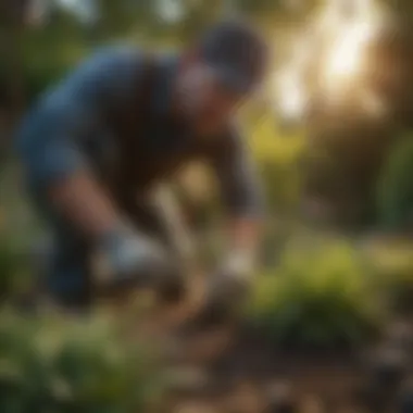 Gardener planting insect-repelling plants in garden