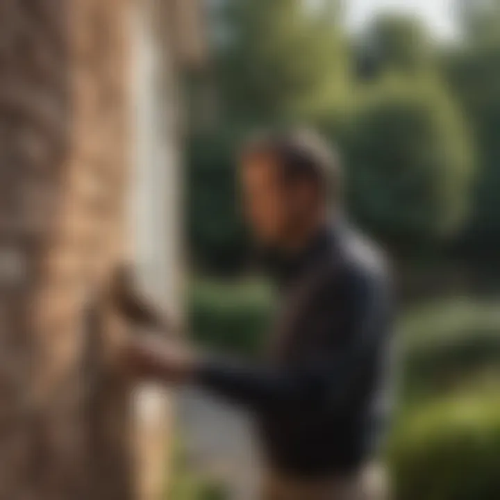 Illustration of homeowner inspecting wall for bird entry points