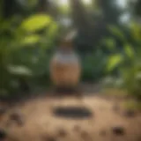 A detailed view of a handmade paper wasp trap set in a garden