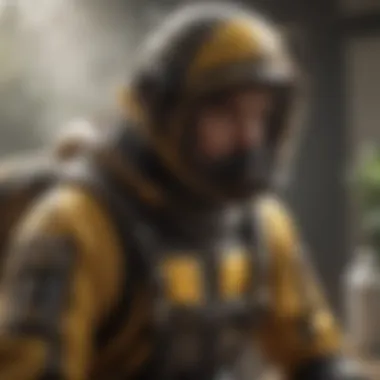 Bee Spray Application with Protective Gear Person using bee spray indoors with protective gear