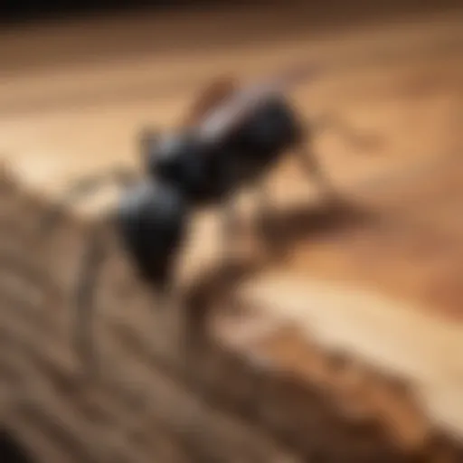Close-up view of carpenter ants on a wooden surface