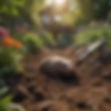 A lush garden with visible mole activity, showing raised soil and tunnels.