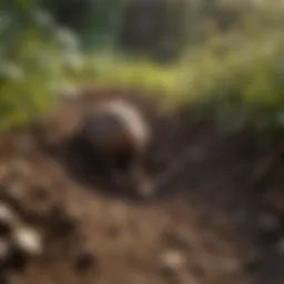 A close-up view of a mole's burrow in a garden