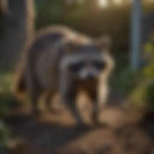 A raccoon scavenging in a backyard at dusk, highlighting its natural behavior.